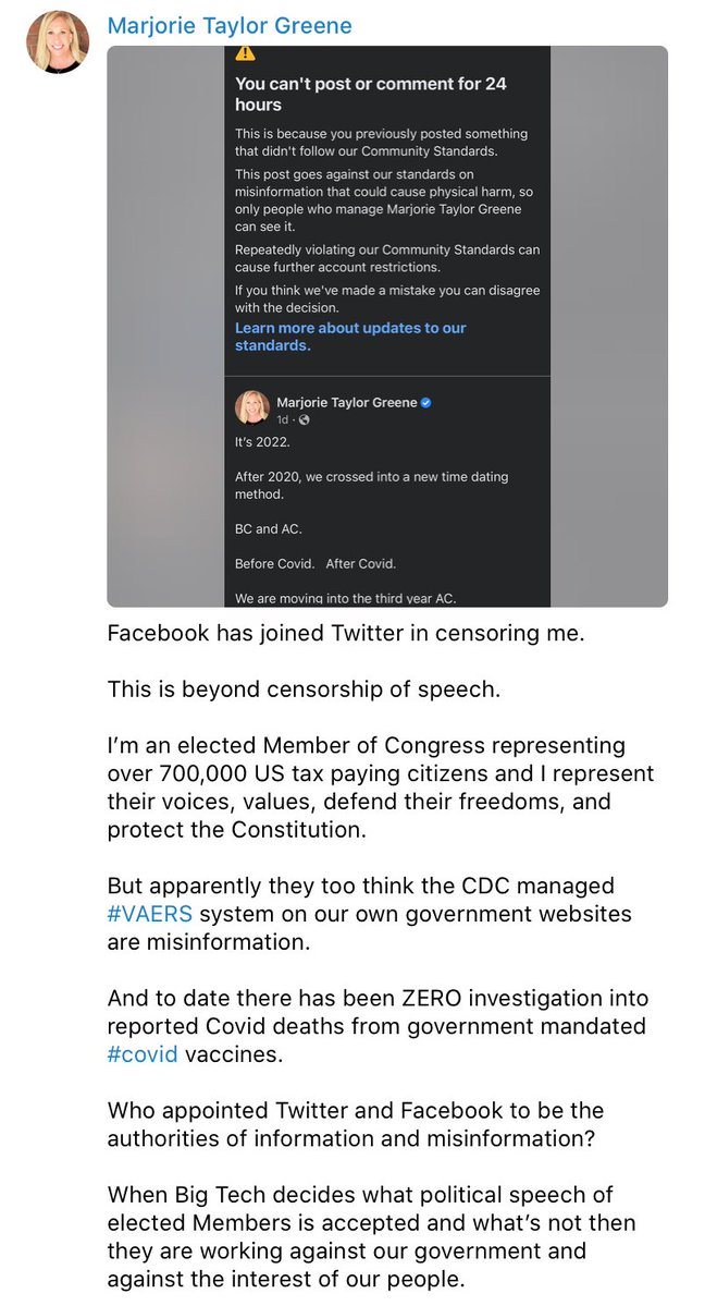 Marjorie Taylor Greene says she has been suspended from posting on Facebook for 24 hours, over the same post she published on Twitter