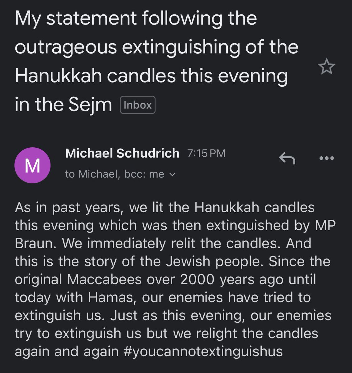 Chief rabbi of Poland Michael Schudrich: “Since the original Maccabees over 2000 years ago until today with Hamas, our enemies have tried to extinguish us. Just as this evening, our enemies try to extinguish us but we relight the candles again and again”