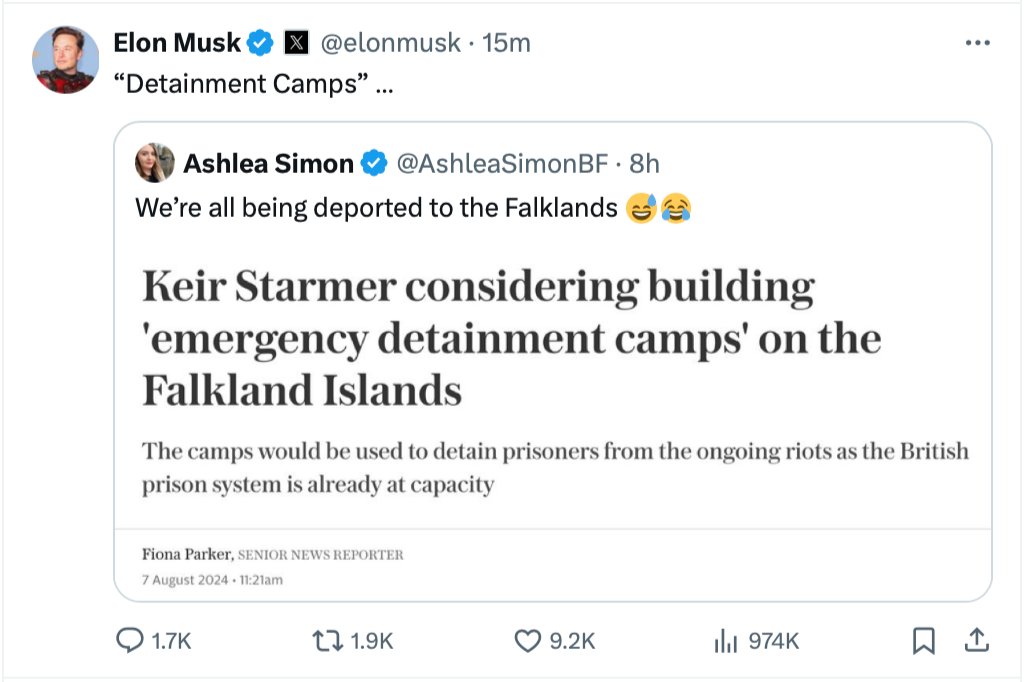 Just Elon Musk quote tweeting the co-leader of far-right party, Britain First, who is sharing a fake Telegraph headline.Seen by almost 1 million people in 15 minutes