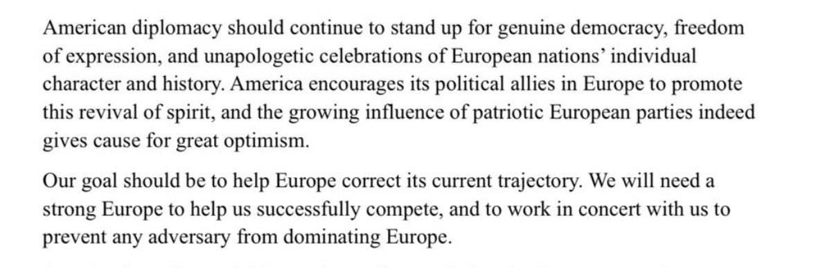 In the new US National Security Strategy, released overnight by the White House: “the growing influence of patriotic European parties indeed gives cause for great optimism”