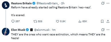 Elon Musk a accusé Reform UK d'être un groupe  nazi  et de vouloir  l'extinction de la race .